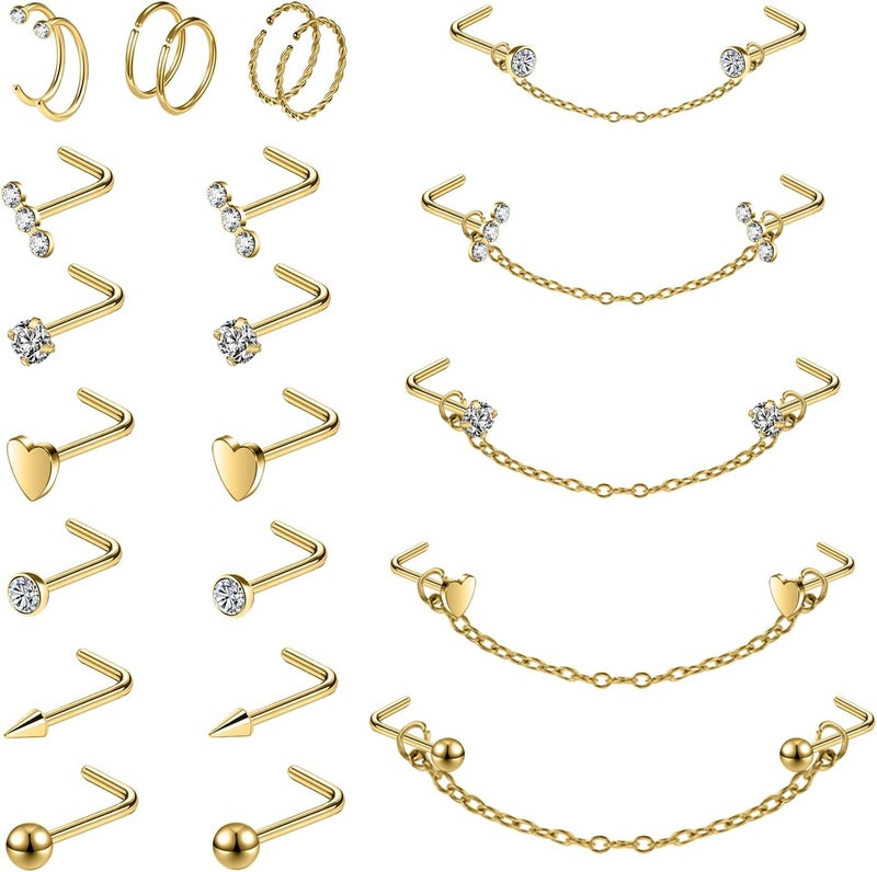 AccGin Store 20G Nose Rings Studs with Chain Piercing Across Double Nose Stud Nose Hoop Spike Heart Ball CZ Surgical Steel Nostril Piercing Jewelry for Women Men, Black Silver Gold - Image 1